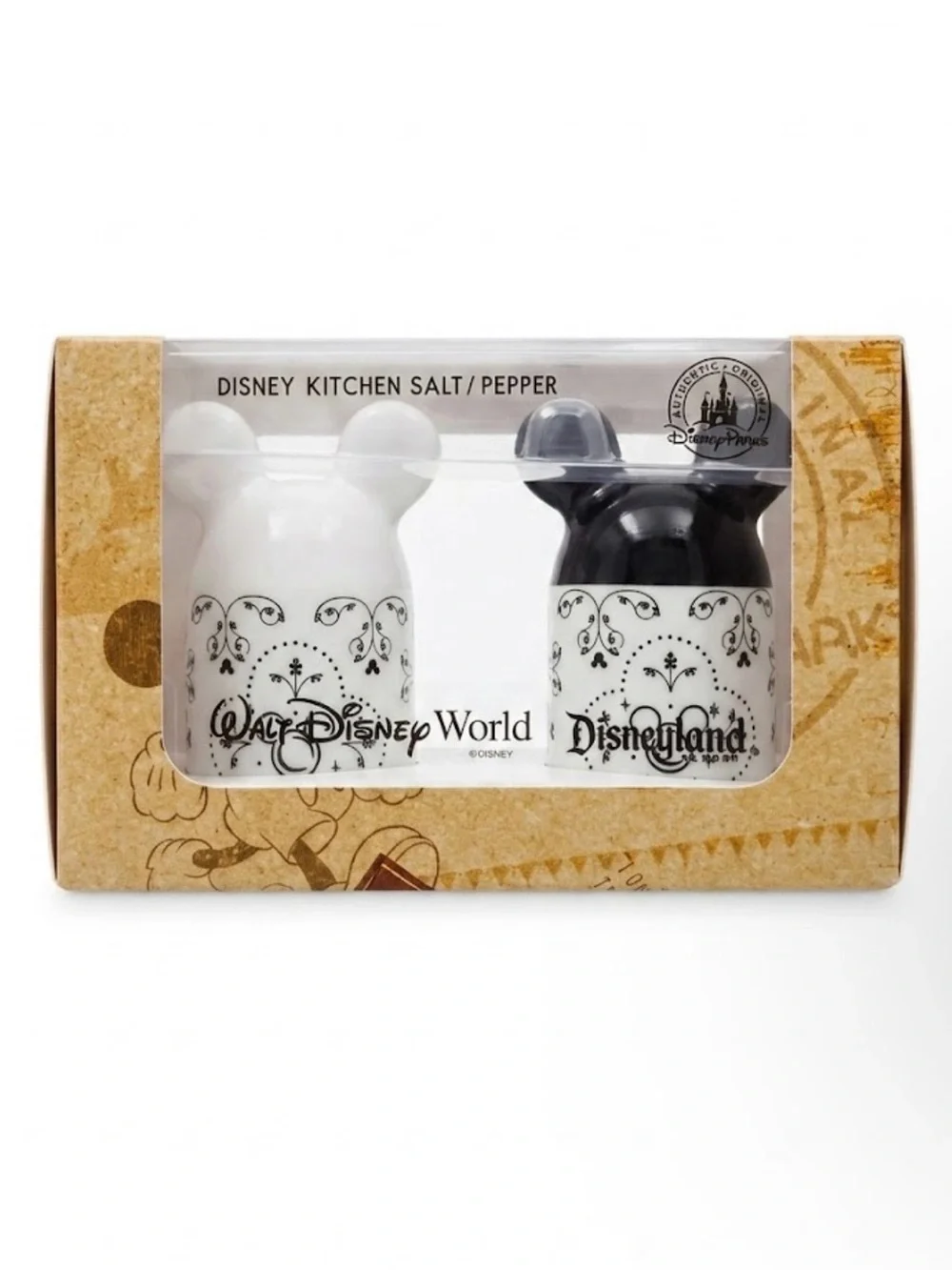 Disney Parks Mickey Ears Ceramic Salt & Pepper Shakers Black White Damask